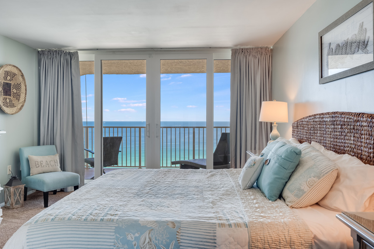 Wake up to breathtaking views of the Gulf from this serene beachfront bedroom retreat. With direct balcony access, cozy coastal décor, and plenty of natural light, it’s the perfect space to relax and recharge.
