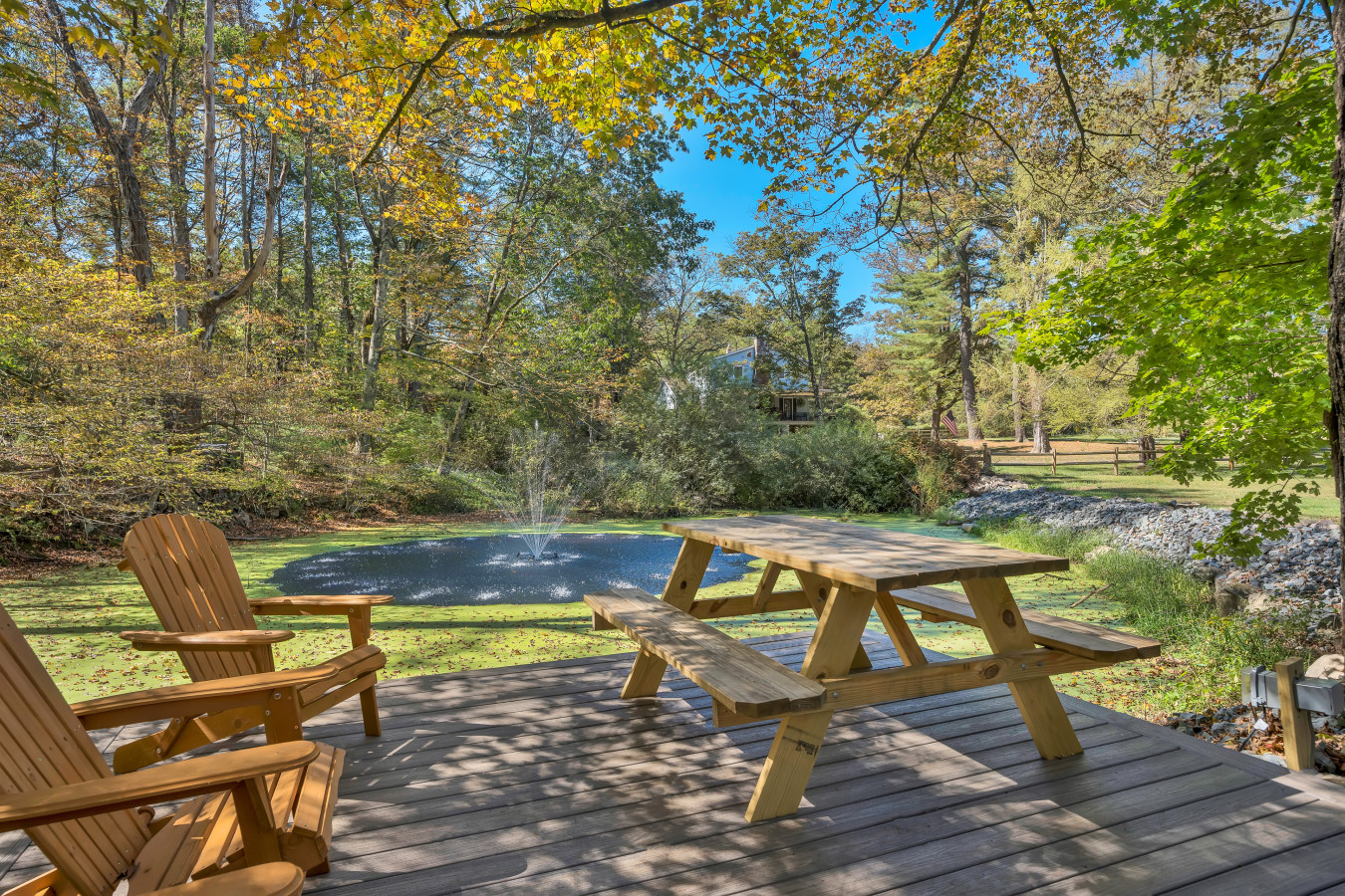 Relax by the soothing water fountain next to the Tree House.