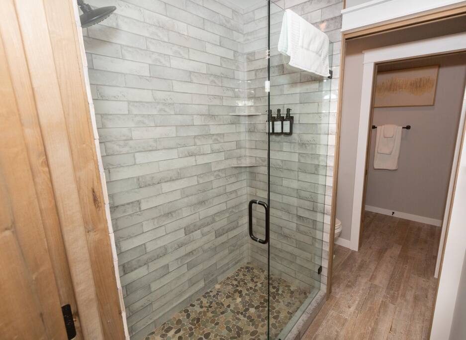 Enjoy a warm shower in this beautifully remodeled shower.  Floors are heated by the way!!! - Private Beach | Lakeside Luxe | Hike Kayak Paddle - Tahoe Vista