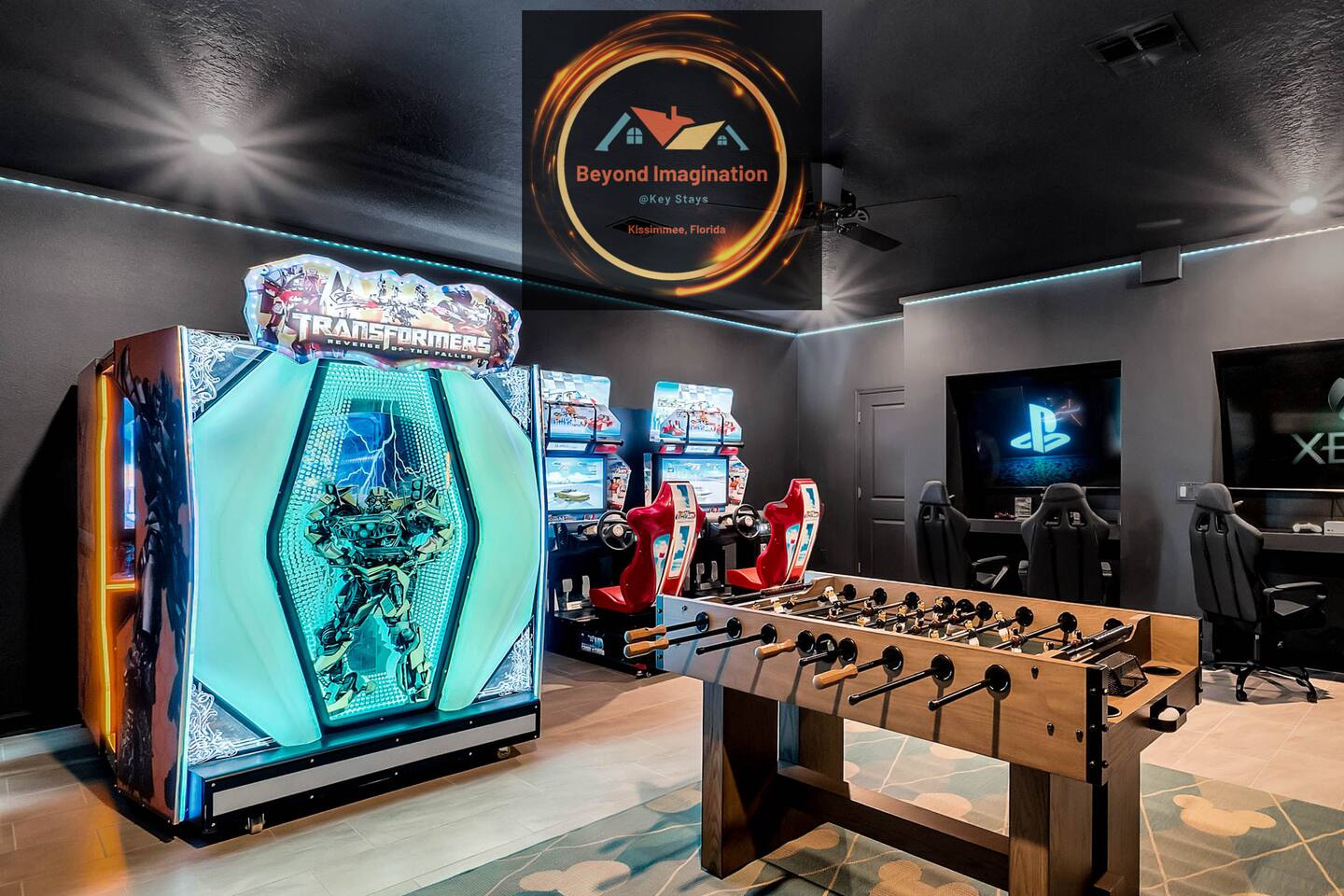 Come into Beyond Imagination game room and enjoy our homes' commercial arcade games, foosball, Xbox & Play Station