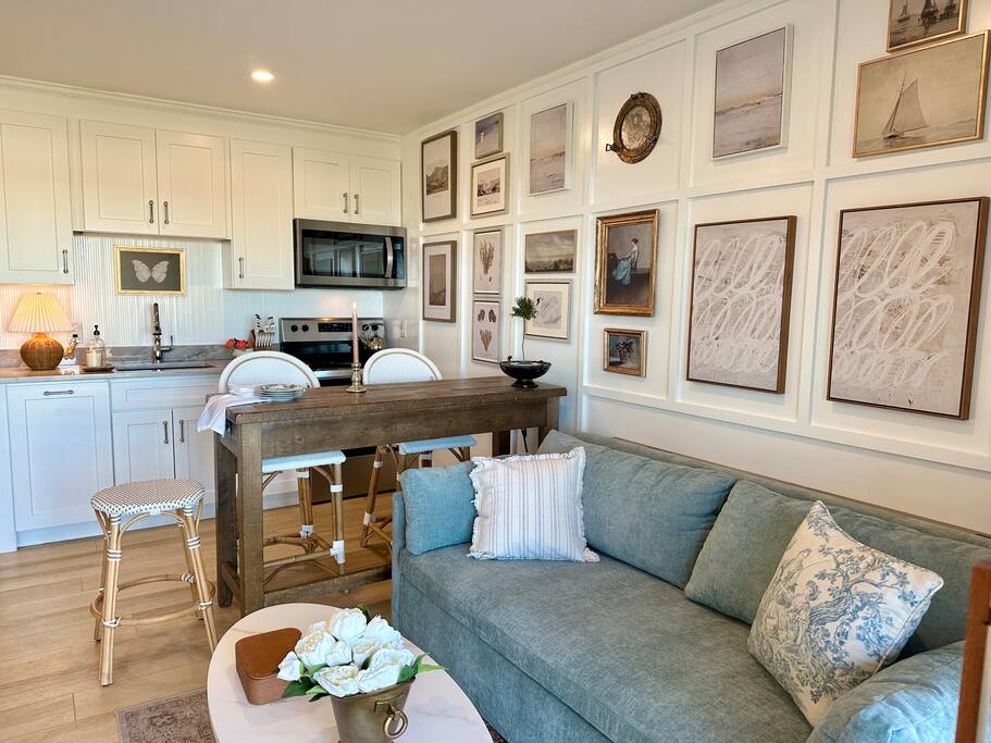 Discover the epitome of luxury in our King Suite Villa, featuring expansive ocean views, a new comfy West Elm Sofa, a curated coastal Gallery Wall, 2 55” SMART TVs, and new Gourmet Kitchen including a Bosch Dishwasher!