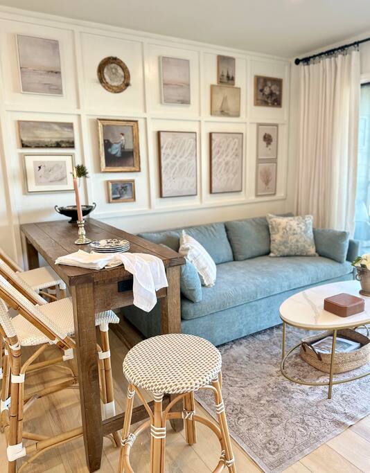 Discover the epitome of luxury in our King Suite Villa, featuring expansive ocean views, a new comfy West Elm Sofa, a curated coastal Gallery Wall, 2 55” SMART TVs, and new state-of-the-art A/C to your ultimate comfort!