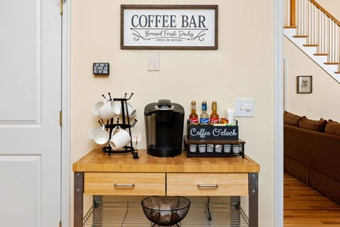 Enjoy the fully stocked coffee bar with Keurig or drip coffee.