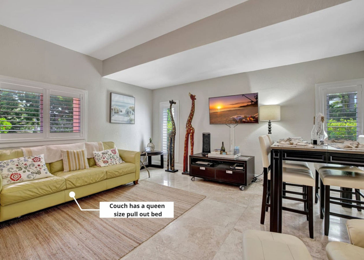 A spacious living room featuring a comfortable pull-out couch with a queen bed.