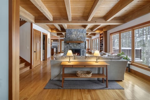 Beautiful Stone Fireplace is the Focal Point of the Room