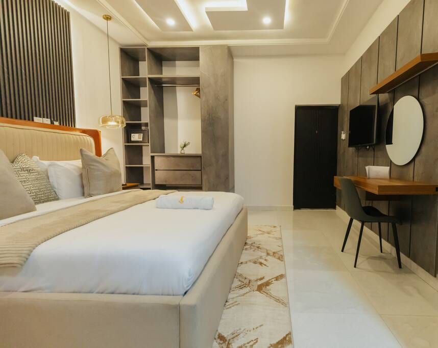 Enjoy an unforgettable stay in this modern bedroom retreatโwhere style, luxury, and elegance come together.