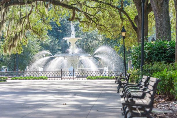 Steps to Forsyth Park with moss-draped oaks, azaleas, and the famous Forsyth Fountain