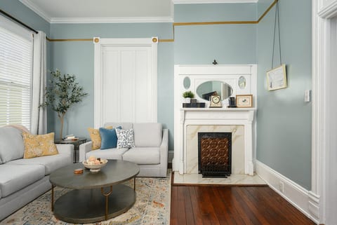 Elegant living room with decorative fireplace and bright natural light