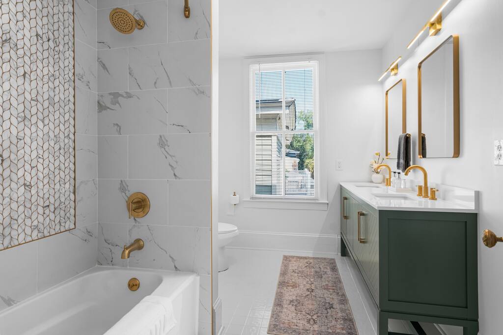 Primary bath with tub shower and double vanity