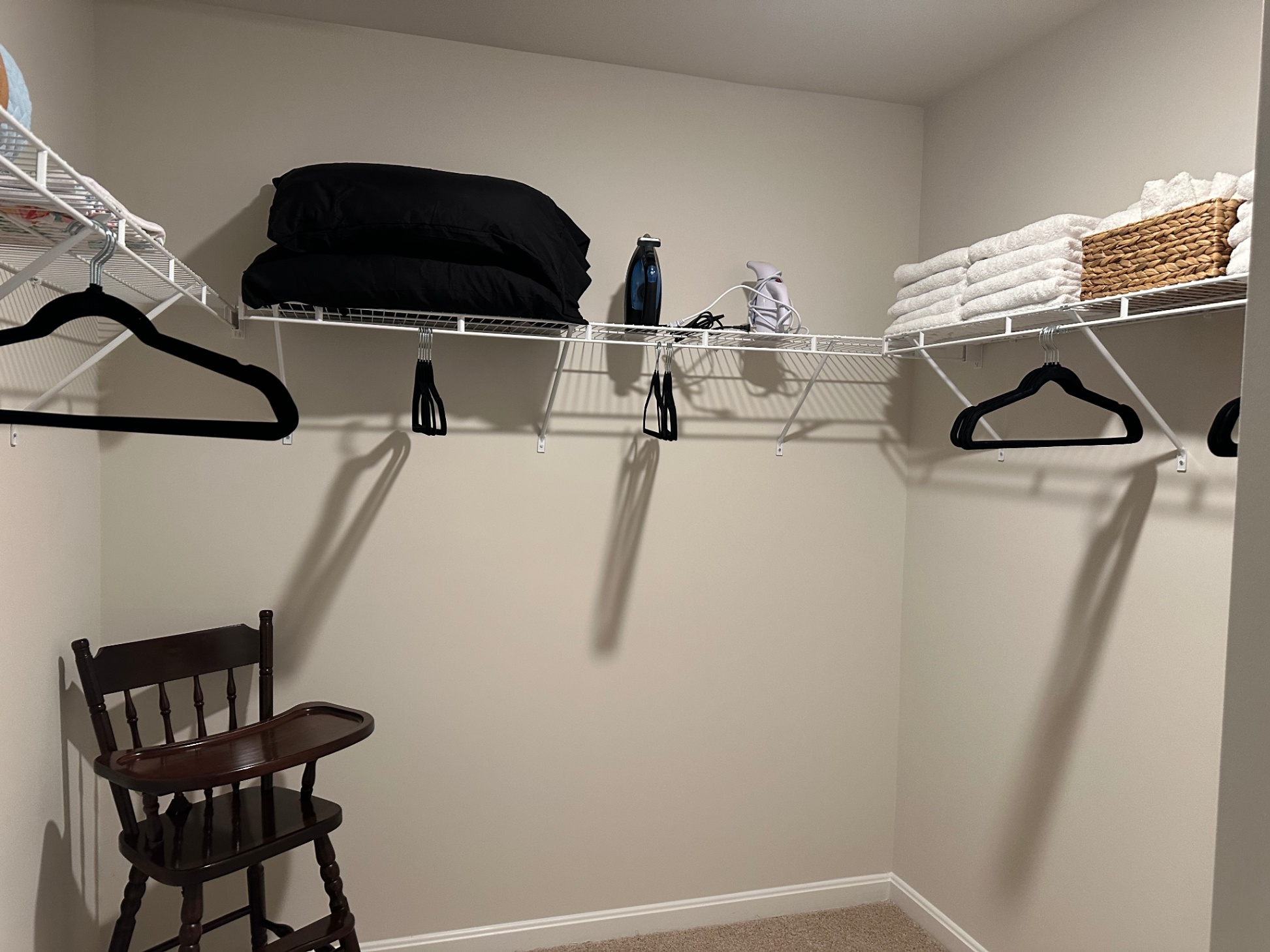 Walk-in closet with extra towels, sheets, iron, steamer and highchair Walk-in closet with extra towels, sheets, iron, steamer and highchair - Our Shorebird Way - Millsboro