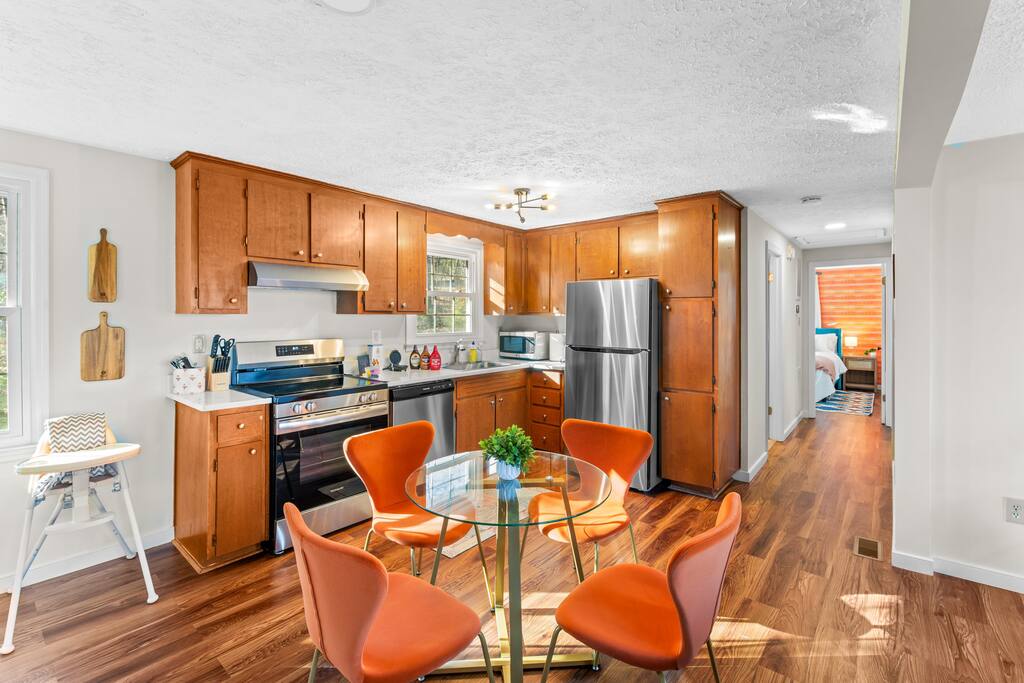 Kitchen with brand new appliances and utensils. In addition to kitchen essentials, we have a popcorn maker, waffle maker, coffee maker, blender and toaster.