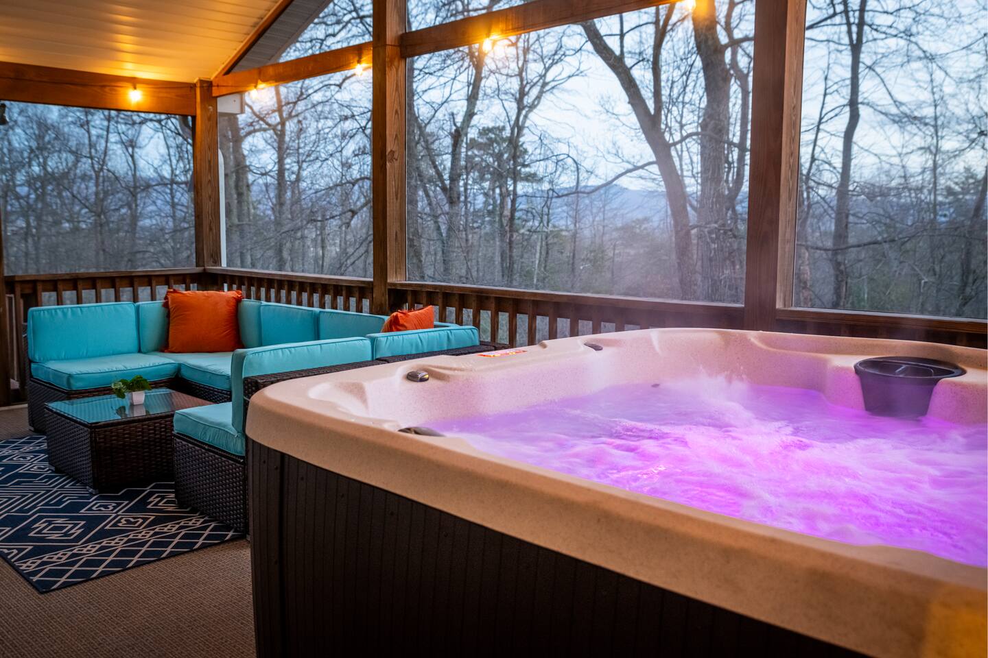 Soak in our 7-person, 65-jet hot tub while taking in enchanting views and enjoying a 75” TV right in front of you. Watch your favorite game or Netflix series as you unwind. This is relaxation at its finest, where luxury and nature meet seamlessly!