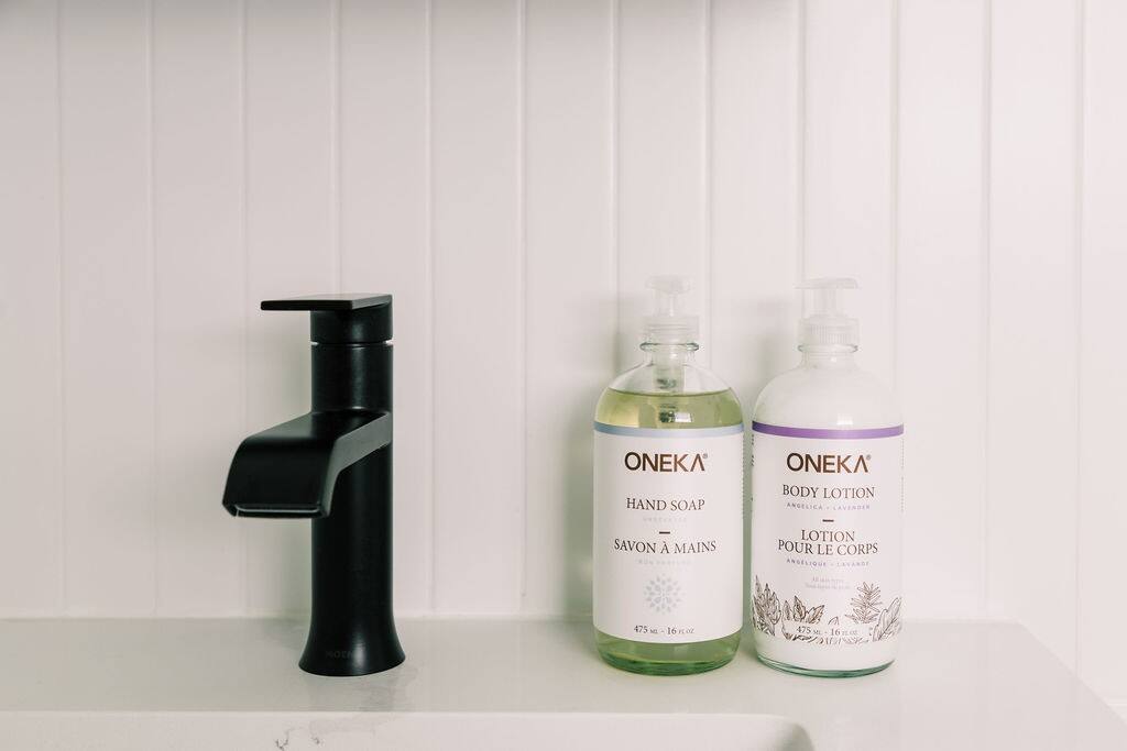Enjoy high quality, Canadian made, Oneka brand soaps and lotions in every bathroom. Enjoy high quality, Canadian made, Oneka brand soaps and lotions in every bathroom. - Private Backyard, Hot Tub, Dog Friendly, Central - Prince Edward