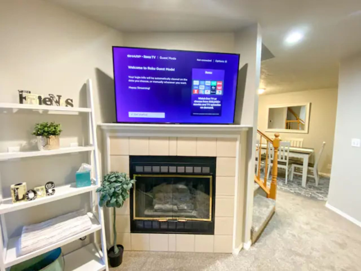 Smart TV and fireplace in living area