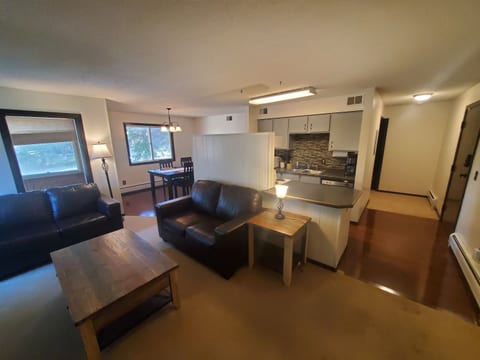 KP101APT1 - Living Room w/love seats, patio access, decorative fireplace, and Roku TV