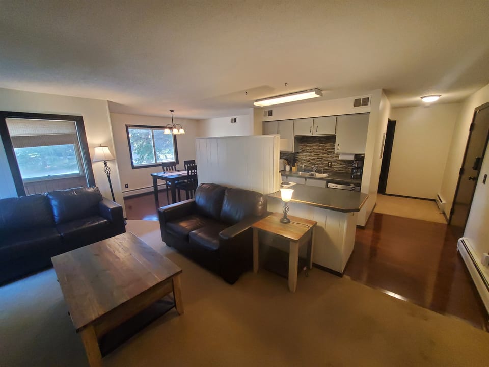 KP101APT1 - Living Room w/love seats, patio access, decorative fireplace, and Roku TV