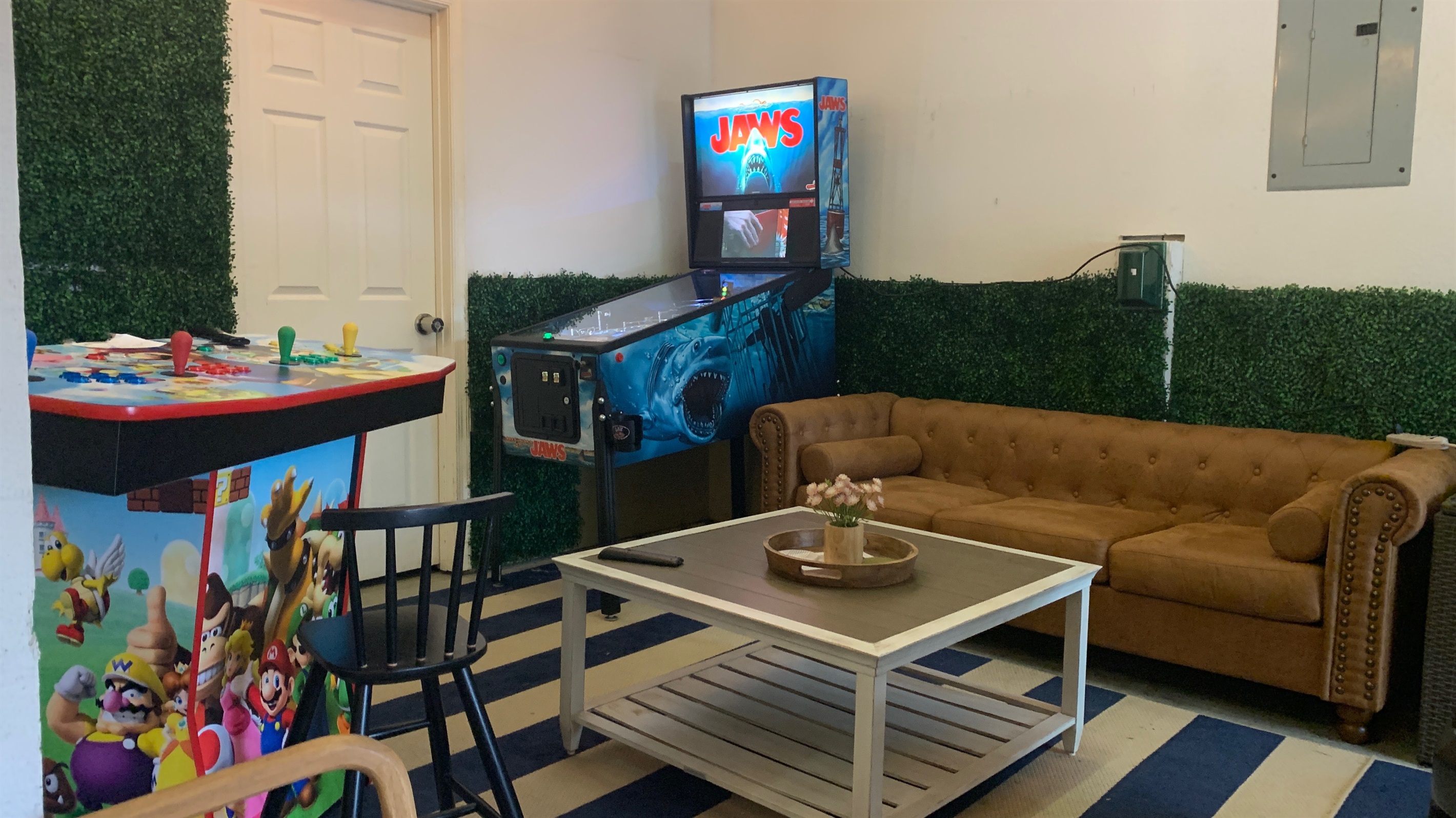 Newly Added for Fall 2025, (NEW Free play Jaws Pinball) and 4 player arcade pedestal with retro game Perfect Garage Game Room for Rainy, Winter/Summer Days Sounds Delightful