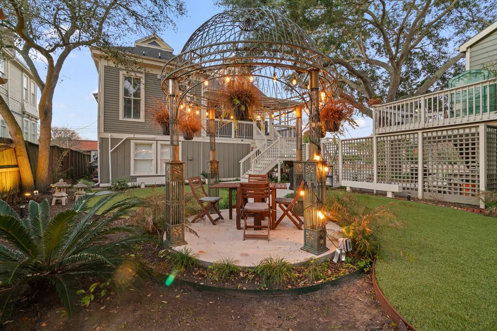 The view of the gazebo when the lights are on. It gives the whole backyard a wonderful glow in the evening hours! 