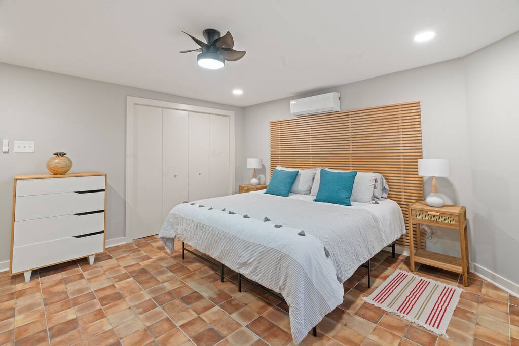 The room also has a full-sized closet as well as extra storage for your foldable clothes.