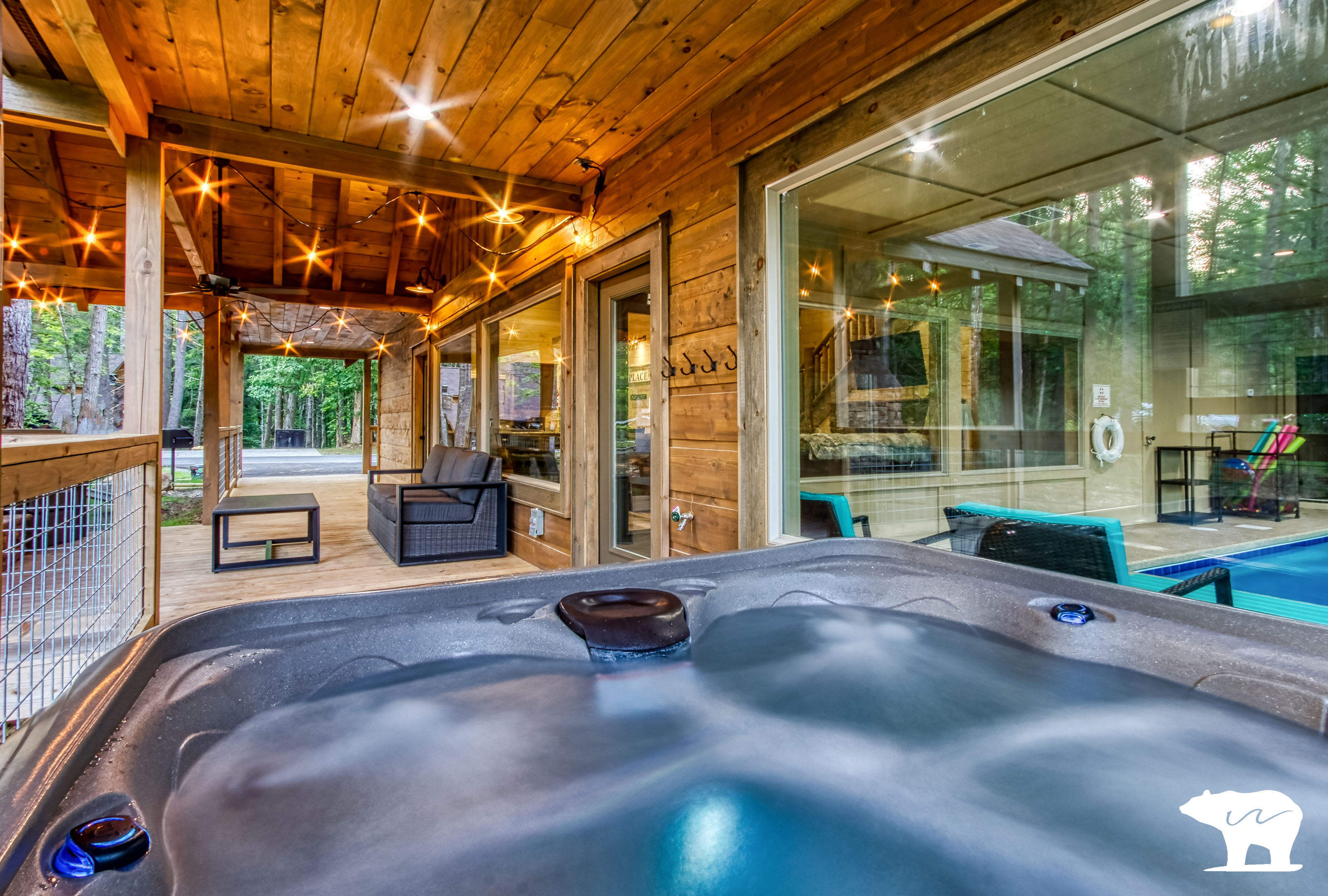 Enjoy an evening out on the deck cozying up to the wood fireplace while others enjoy the hot tub.