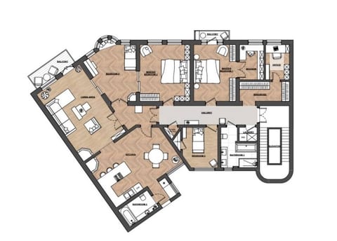 A floor plan of the apartment, bedrooms, bathrooms, living room, dining area and kitchen.