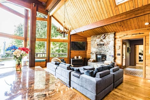 Kitchen overlooks living room