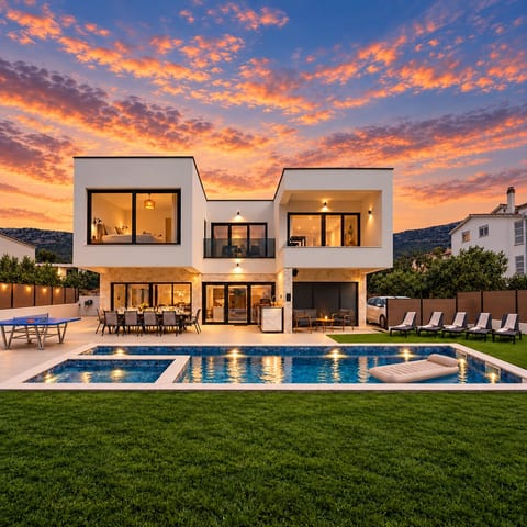 Sunset glow over a luxury villa with illuminated pool and al fresco dining