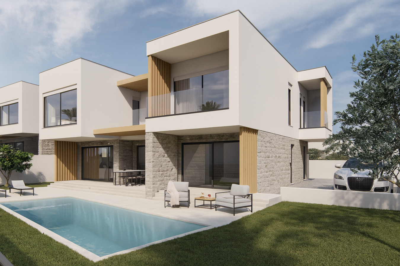 Large villa by night with cozy warm white lightning and salt water pool.