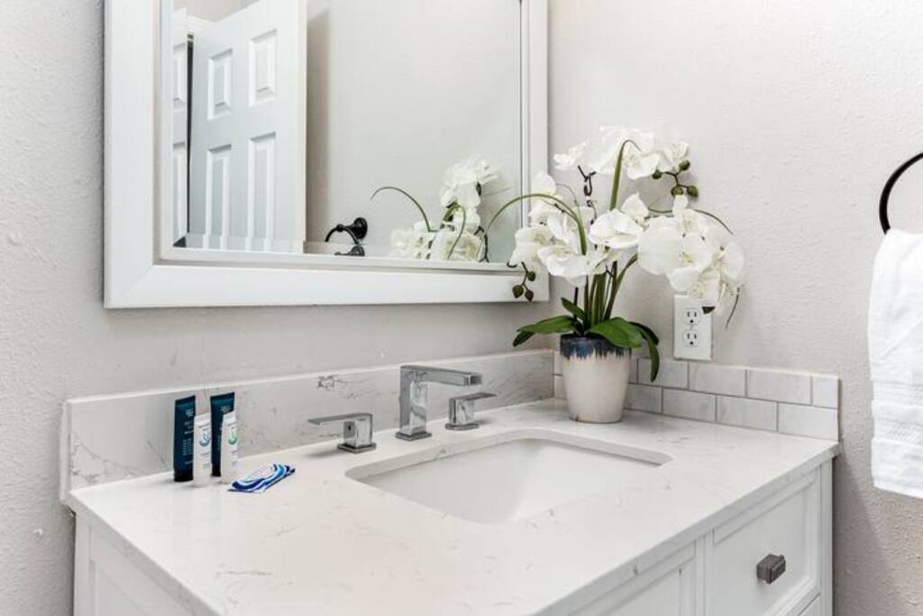 View of the first full Bathroom, complete with shampoo, conditioner, and bodywash.