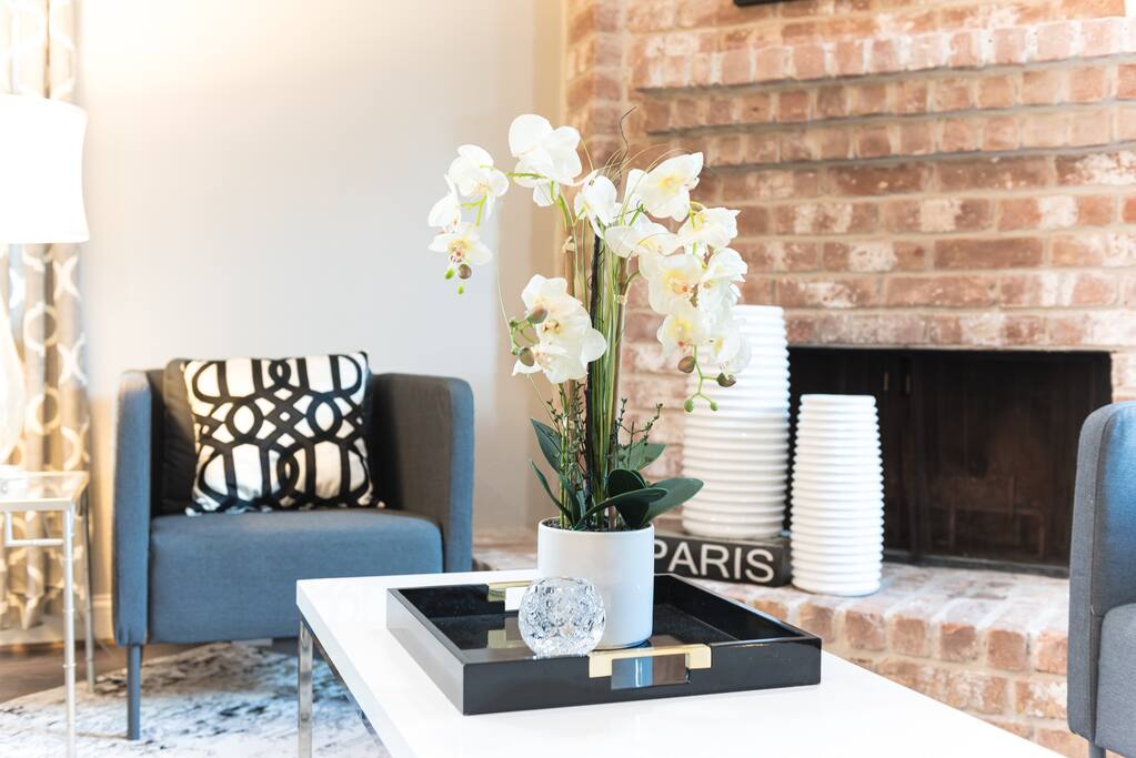 Comfy Sofa and fireplace