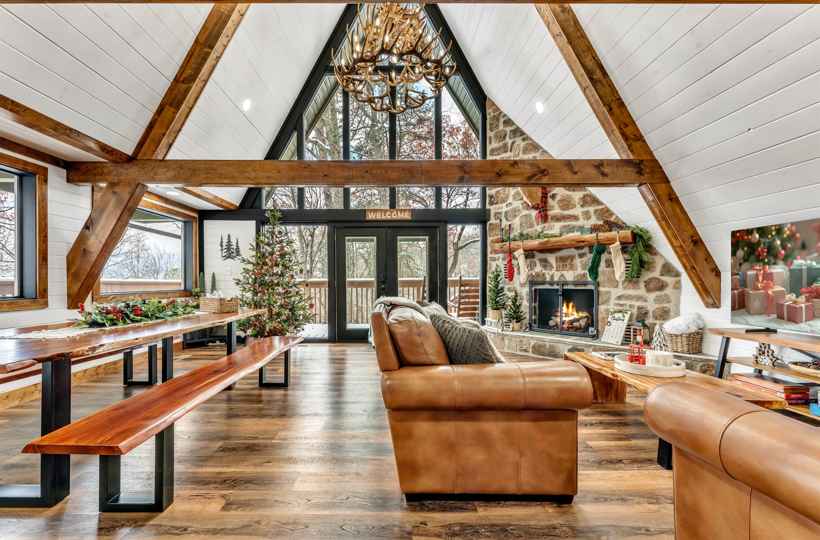 Spacious living area with Christmas Decor