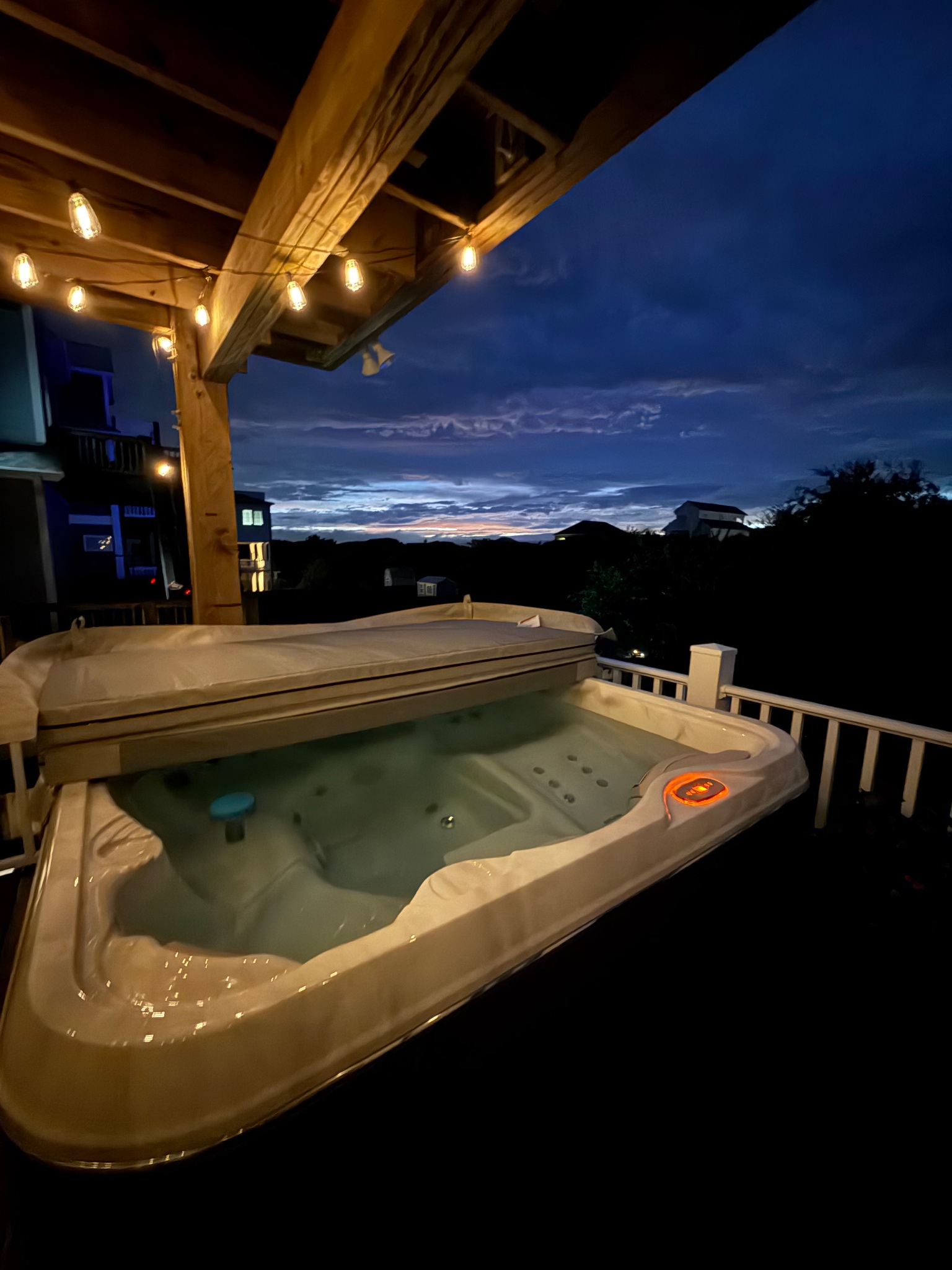 Luxury Hydropool spa seats 4 plus a full lounger. Step out of your luxury robe, watch sunsets from the spa, and pull your towel out of the towel warmer to head inside for a shower and evening fun! 