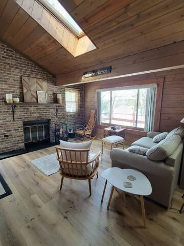 Cozy sitting room with fireplace and skylight.