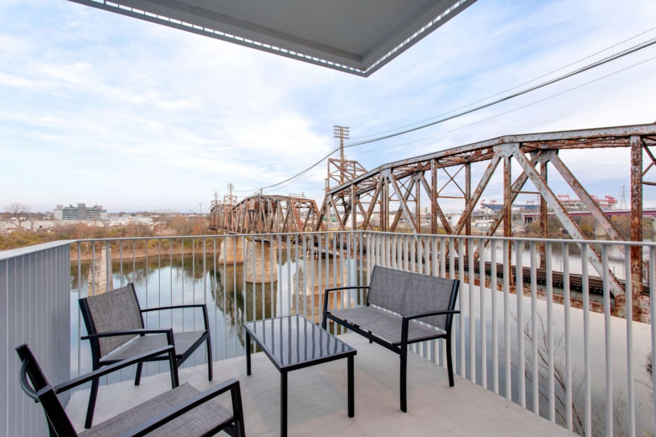 Balcony living space with view of the Cumberland River