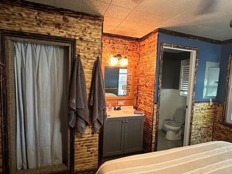 Shower and bathroom located in the master bedroom.