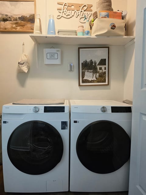 Modern in-home washer/dryer with stylish, well-stocked laundry space