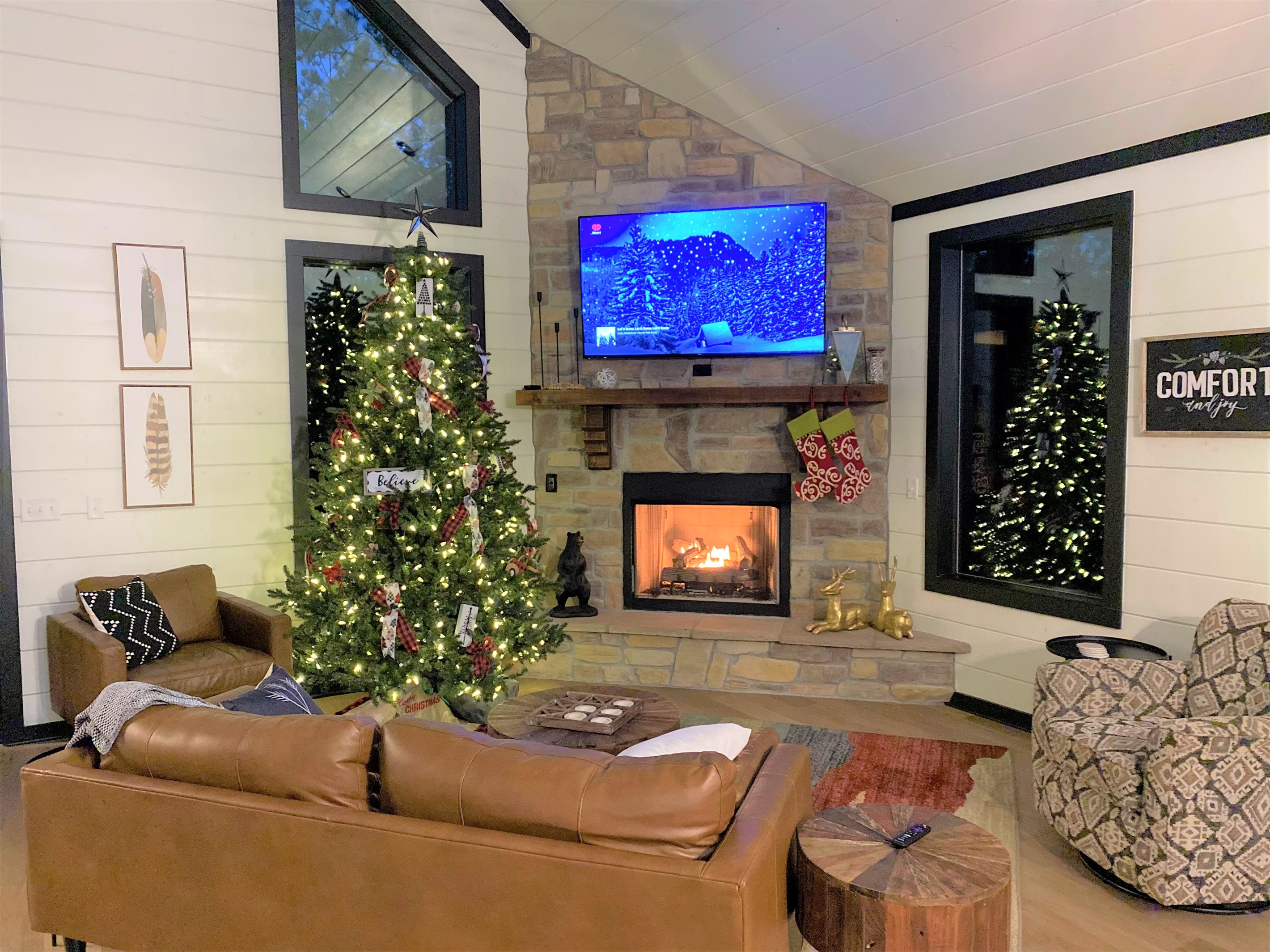 Warm up by the fire under twinkling holiday lights