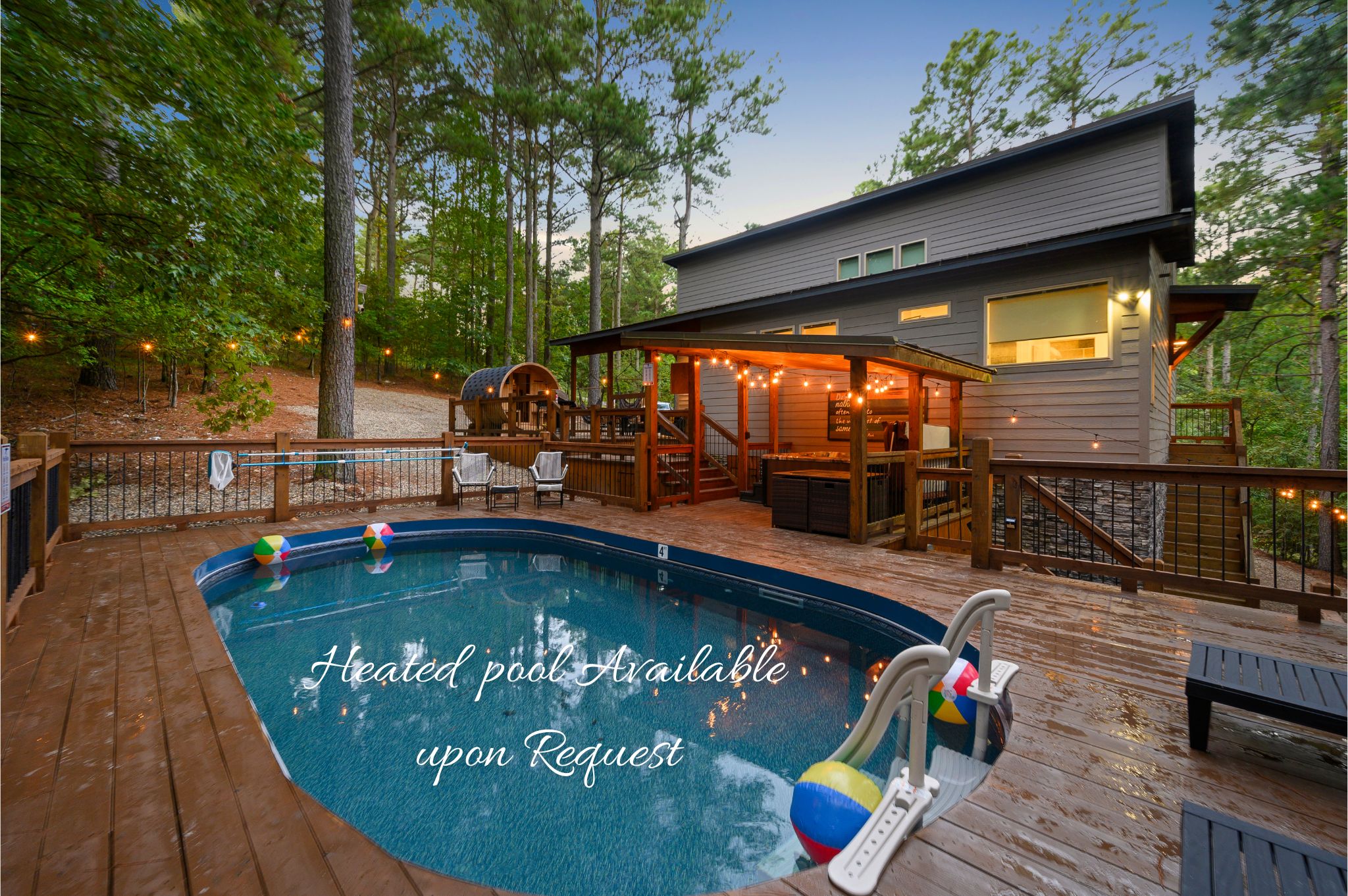 💦 Private Spa Retreat in Broken Bow: Soak in the hot tub, swim in the heated pool, and relax in the sauna — your complete wellness escape in nature.