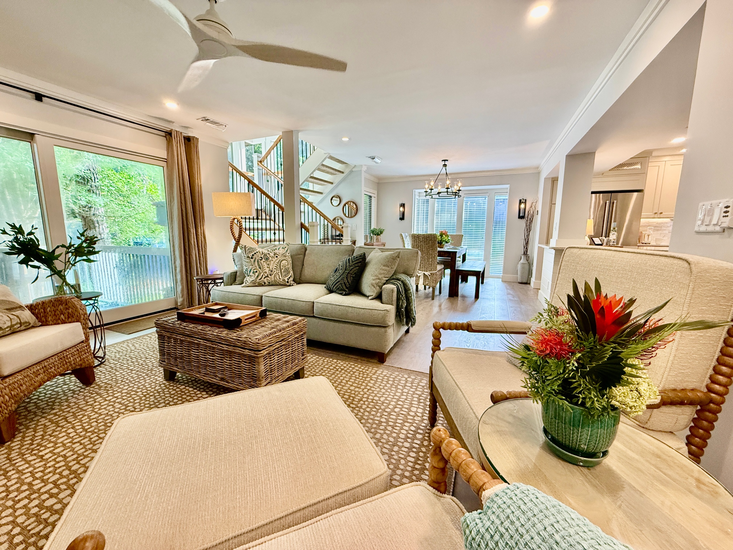 Spacious first floor living and dining with sliding door to the deck