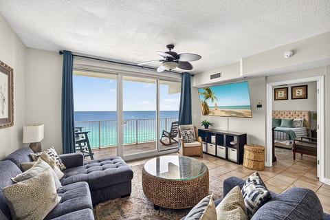 The open living space offers plenty of room to spread out while enjoying panoramic Gulf scenery.