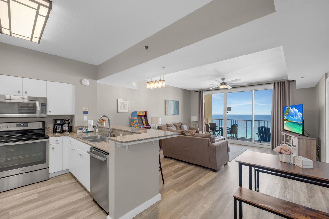 Enjoy breathtaking ocean views from the open-concept kitchen and living area, perfect for gathering with family and friends.