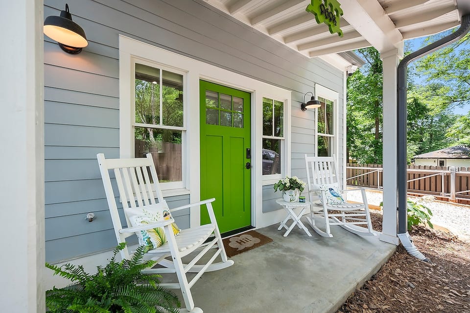 Pecan cottage's welcoming front porch features secure keyless entry for convenient access. Warm porch lighting provides comfort and security. No steps and a low threshold entry make Pecan Cottage a great option for people with mobility challenges.
