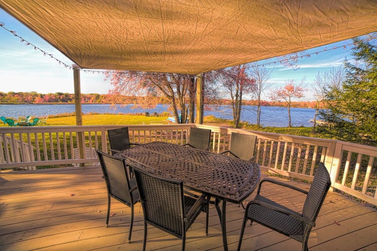 Spacious deck with propane grill, outdoor dining table and patio furniture.  (Canvas sun shade not up in colder months)