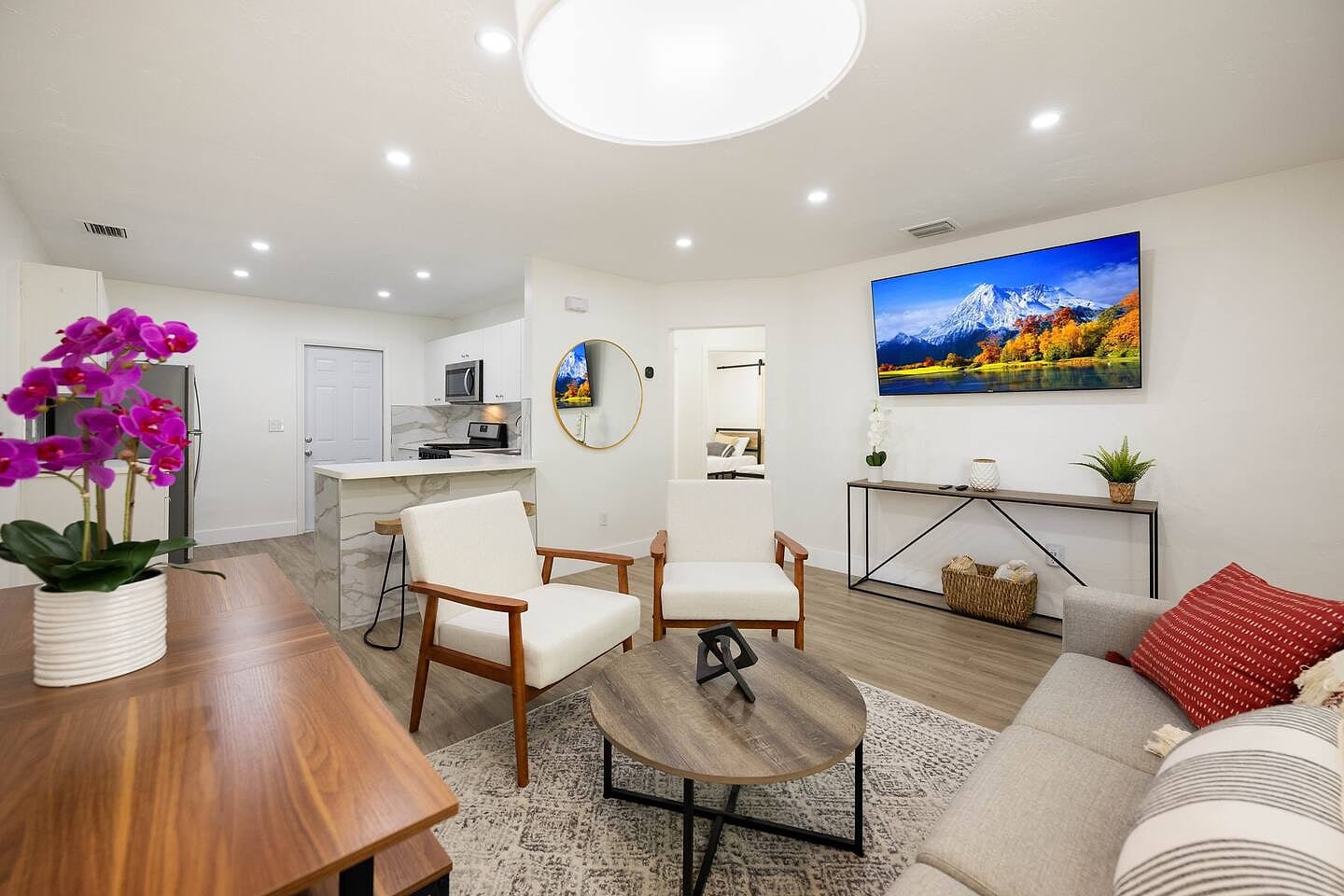 Living room with 65" high definition smart TV