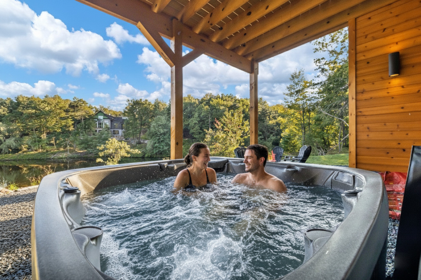 Soak & Unwind ✨ Relax in our private hot tub for up to 6 guests while enjoying stunning lake views. The perfect spot to unwind after a day of adventure!