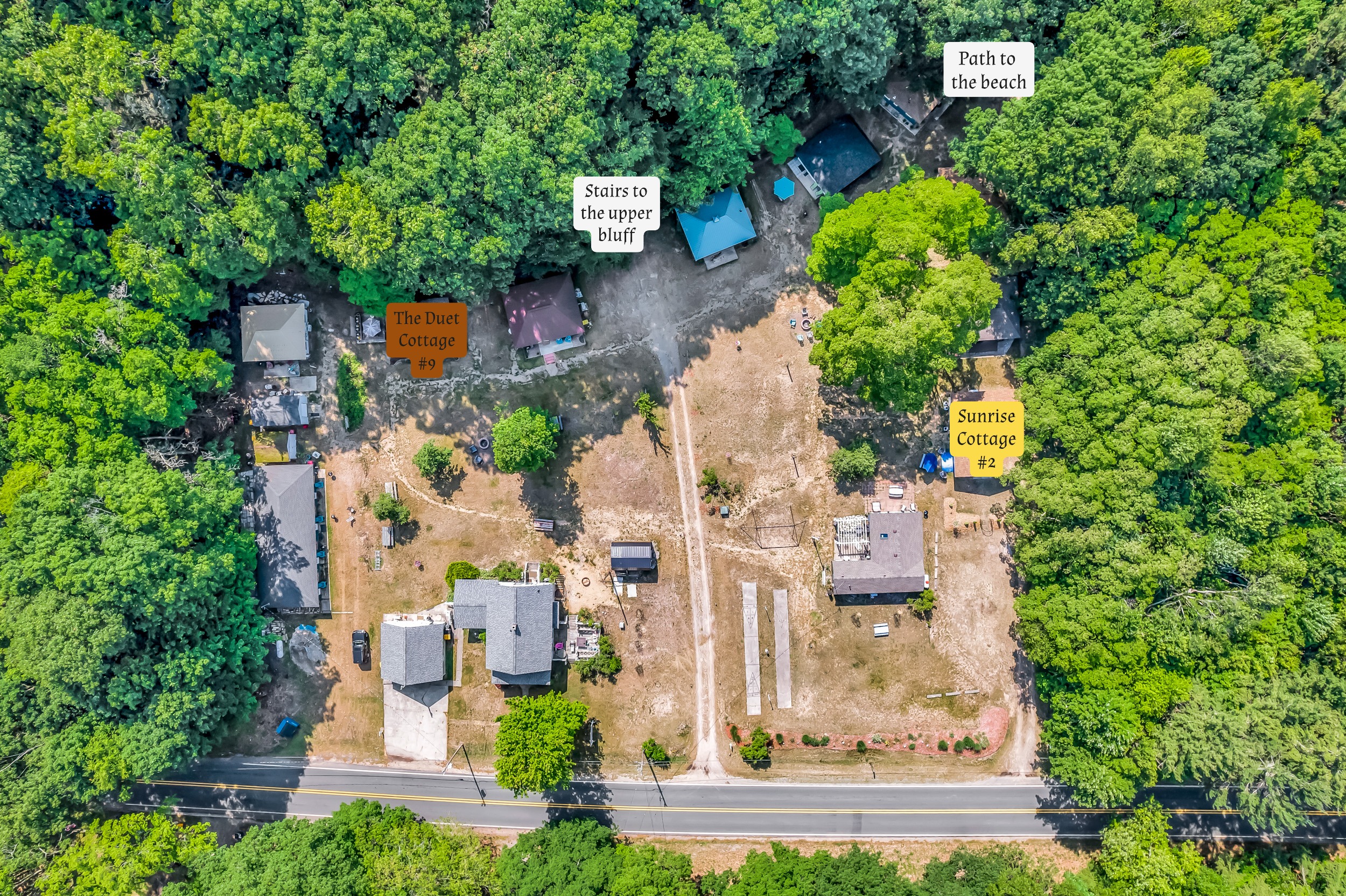 Map of our property. We have another cottage, Sunrise Cottage #2 that sleeps 8, newly renovated with modern amenities and kid friendly loft.