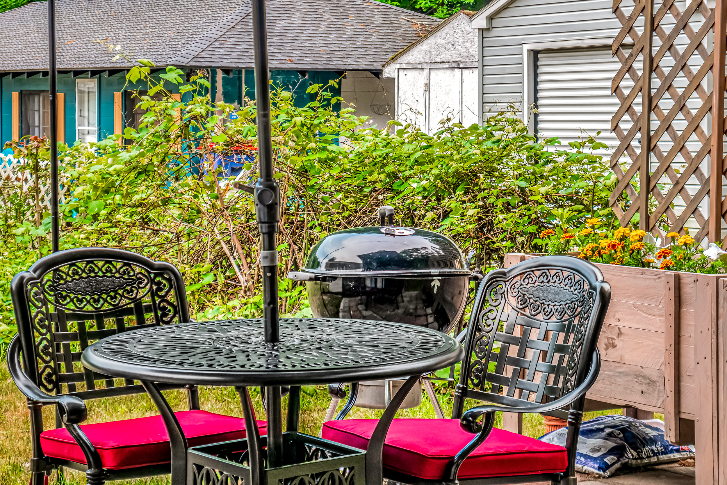 Enjoy your own charcoal grill, patio set with umbrella, and solo stove on the private patio with solar string lights (they come on automatically)