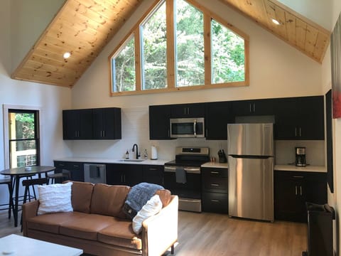 Beautiful daylight for days in this modern setup.  Full size appliances, leather sofa, and electric fireplace.