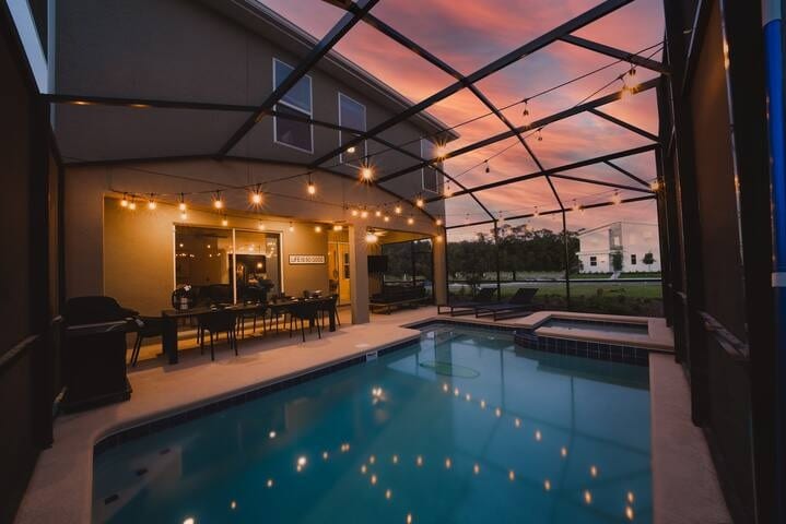 Poolside paradise awaits under a twinkling canopy of garden lights! Dive into relaxation and let the evening ambiance enchant you in our serene oasis. Welcome to your own private slice of paradise.