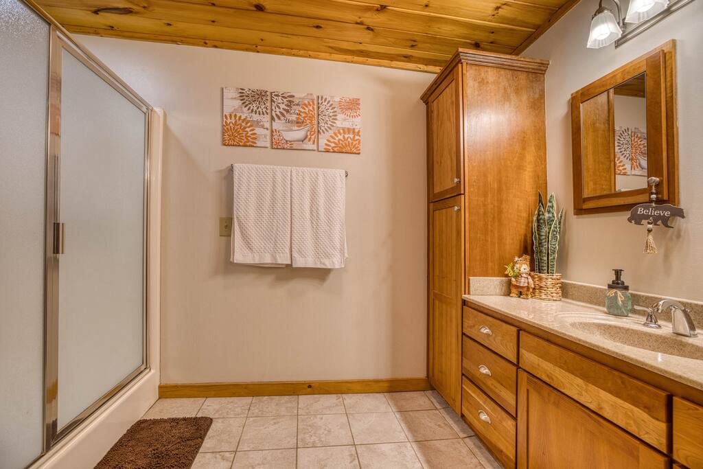 The double sink vanity, adorned with a mirror and charming decor like a snake plant and bear figurine, adds functionality and style, enhanced by wall art with a rustic touch. The double sink vanity, adorned with a mirror and charming decor like a snake plant and bear figurine, adds functionality and style, enhanced by wall art with a rustic touch. - Spacious Cabin, Hot Tub, Theater, Dog Run, FirePit - Ellijay